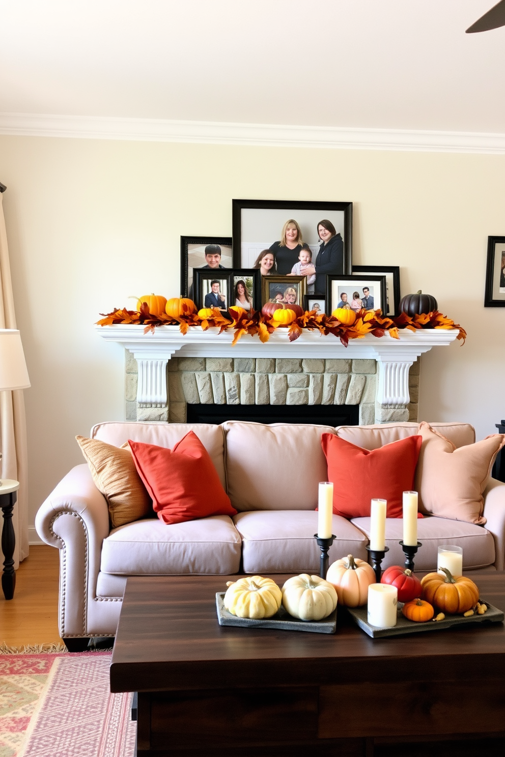 Framed family photos are arranged on a mantel adorned with autumn leaves and small pumpkins. Soft, warm lighting highlights the rich colors of the fall decor, creating a cozy atmosphere. In the living room, a plush sofa is decorated with orange and brown throw pillows. A rustic coffee table is topped with a centerpiece of gourds and candles, enhancing the Thanksgiving spirit.