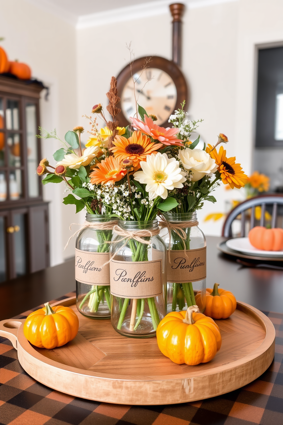 A creative centerpiece featuring mason jars filled with seasonal flowers and greenery. The jars are adorned with twine and rustic labels, arranged on a wooden tray to enhance the autumnal theme. For Thanksgiving apartment decorating, a cozy dining area is styled with a warm color palette of oranges and browns. A table is set with a plaid tablecloth, complemented by elegant dishware and small pumpkins as accents.