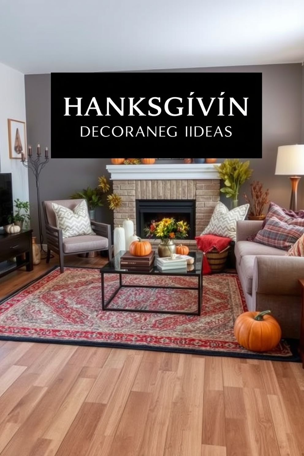 Layered rugs create a cozy and inviting atmosphere in the living room. The combination of textures and colors adds depth and enhances the overall design aesthetic. Thanksgiving apartment decorating ideas include warm autumn colors and natural elements. Incorporate pumpkins, gourds, and seasonal foliage to bring a festive touch to your space.