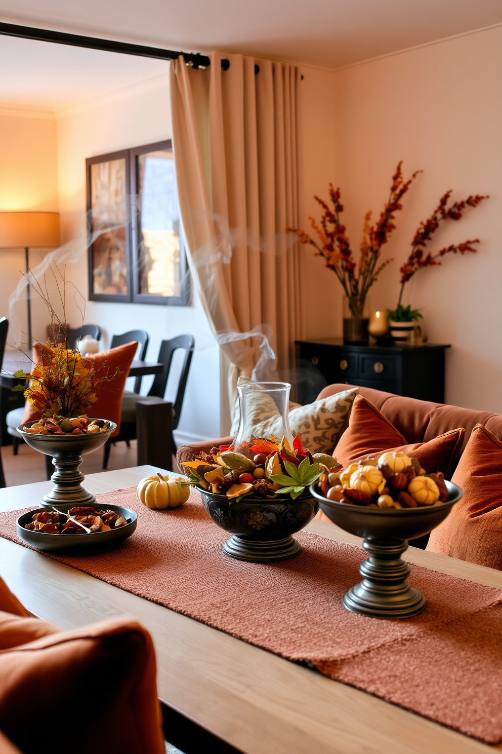 A cozy living room adorned with seasonal scents wafting through the air from beautifully arranged potpourri in decorative bowls. Soft, warm lighting illuminates the space, enhancing the rich autumn colors of the decor. The apartment is tastefully decorated for Thanksgiving, featuring a harvest-themed centerpiece on the dining table. Plush cushions in earthy tones are scattered across the sofa, inviting guests to relax and enjoy the festive atmosphere.