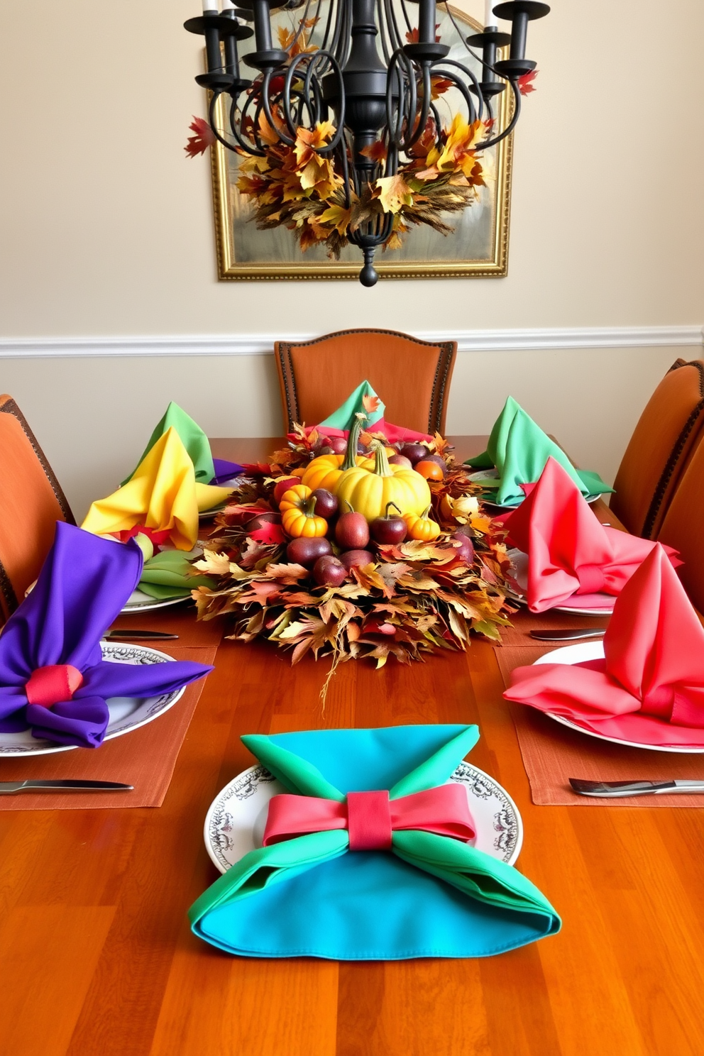 A vibrant dining table setting featuring colorful napkins folded in creative shapes. The table is adorned with a rustic centerpiece of autumn leaves and small pumpkins, creating a festive atmosphere. The chairs are upholstered in rich fabrics that complement the colors of the napkins. Soft lighting from a chandelier above casts a warm glow, enhancing the inviting ambiance of the Thanksgiving celebration.