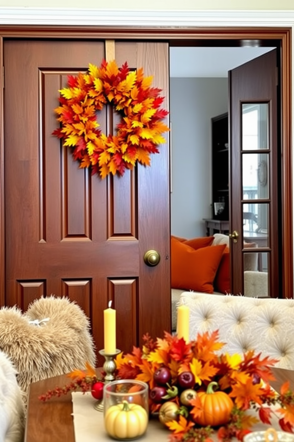 A vibrant autumn wreath adorned with colorful leaves and small pumpkins hangs on a classic wooden front door. The warm hues of the wreath contrast beautifully with the deep brown of the door, welcoming guests with a seasonal charm. Inside the apartment, a cozy living room is decorated with plush throw pillows in rich oranges and deep reds. A festive table centerpiece featuring candles and autumn foliage sets the perfect mood for Thanksgiving gatherings.