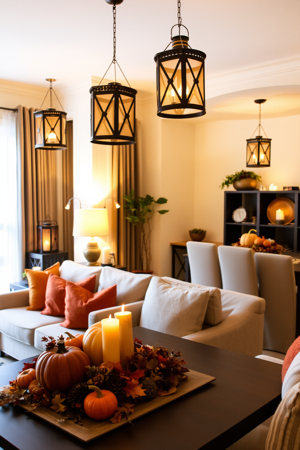 A cozy living room adorned with decorative lanterns casting soft, warm light throughout the space. The lanterns are placed on side tables and hung from the ceiling, creating an inviting atmosphere perfect for gatherings. A stylish apartment decorated for Thanksgiving with rich autumn colors and seasonal accents. Plush cushions in shades of orange and gold are arranged on the sofa, while a centerpiece of pumpkins and candles adorns the dining table.