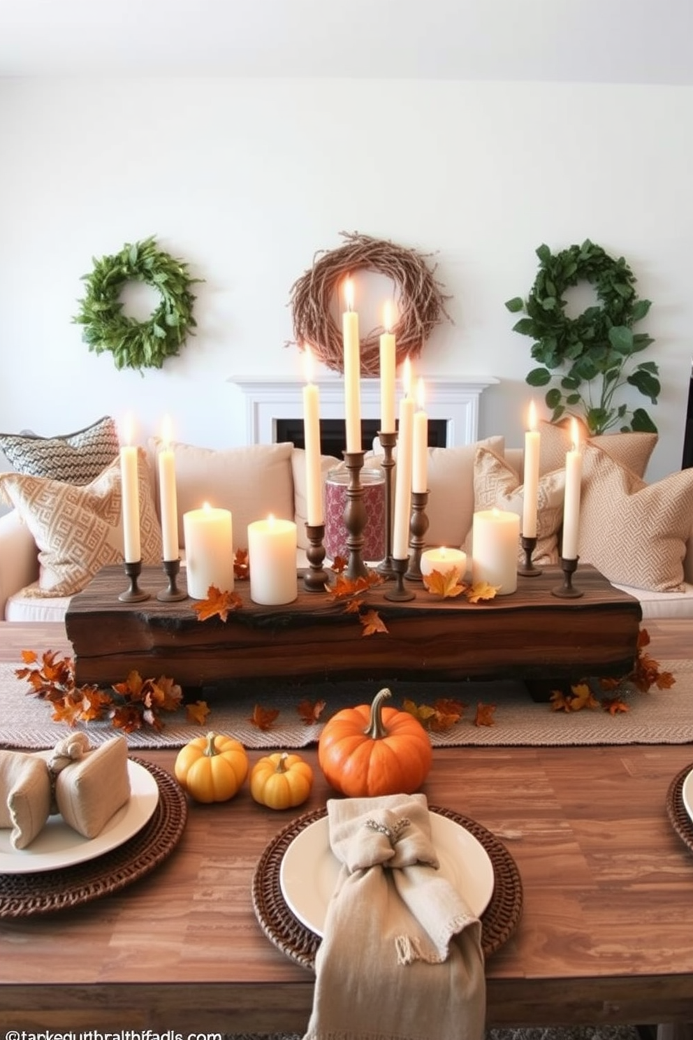 A rustic wooden centerpiece adorned with an array of candles creates a warm and inviting atmosphere. The centerpiece is surrounded by autumn leaves and small pumpkins, enhancing the Thanksgiving theme. Cozy decorations fill the apartment, featuring earth-toned cushions and woven throws on the sofa. A dining table set with simple yet elegant dishware complements the rustic charm of the space.