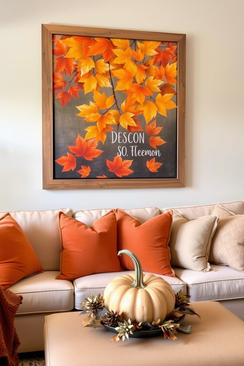 A cozy living room adorned with seasonal wall art featuring vibrant autumn leaves. The artwork is framed in rustic wood and complements the warm tones of the room's decor. Plush throw pillows in shades of orange and gold are scattered across a soft beige sofa. A decorative pumpkin centerpiece sits on the coffee table, enhancing the Thanksgiving spirit.