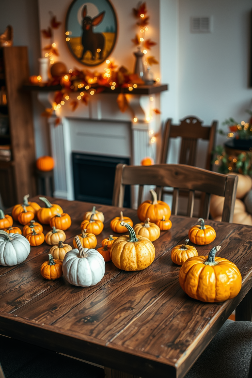 A cozy Thanksgiving apartment setting featuring miniature pumpkins in various sizes scattered across a rustic wooden dining table. The table is adorned with a warm plaid tablecloth and surrounded by comfortable chairs, creating an inviting atmosphere for family gatherings. In the background, a mantel is decorated with autumn leaves and fairy lights, enhancing the festive mood. A few larger pumpkins are placed on the floor near the table, adding a touch of seasonal charm to the overall decor.