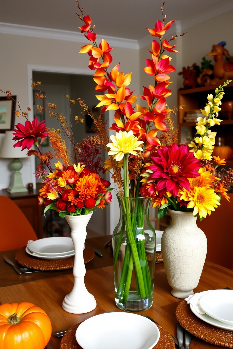 A vibrant display of colorful fall flower arrangements in elegant vases. Each vase is uniquely shaped and filled with a mix of deep reds, oranges, and yellows, capturing the essence of autumn. The apartment is adorned with warm Thanksgiving decorations, featuring a rustic wooden table set for a festive meal. Soft, cozy textiles in rich earth tones complement the seasonal decor, creating an inviting atmosphere.