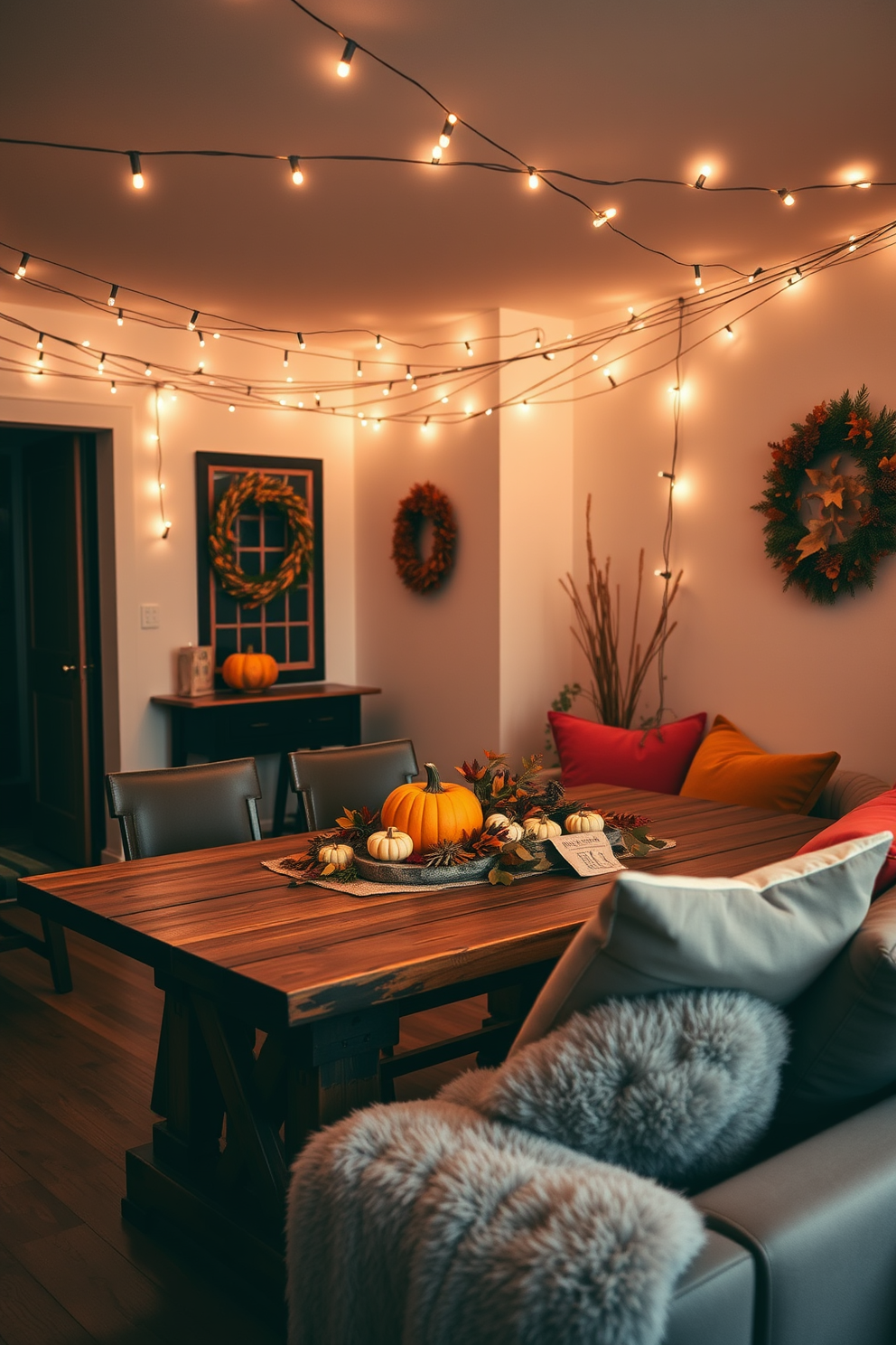 A cozy Thanksgiving-themed apartment setting. String lights are draped across the ceiling, casting a warm glow throughout the room. A rustic wooden dining table is adorned with a festive centerpiece featuring pumpkins and autumn leaves. Plush cushions in warm tones are scattered on a comfortable sofa, inviting relaxation.