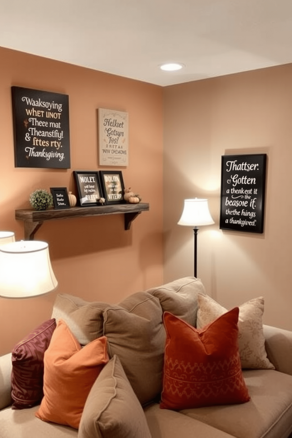 A cozy basement setting adorned with wall art featuring Thanksgiving quotes. The walls are painted in warm earth tones, and a plush sofa with autumn-colored cushions invites relaxation. In one corner, a rustic wooden shelf displays seasonal decorations and framed quotes that celebrate gratitude. Soft lighting from stylish lamps enhances the inviting atmosphere, making it perfect for family gatherings.