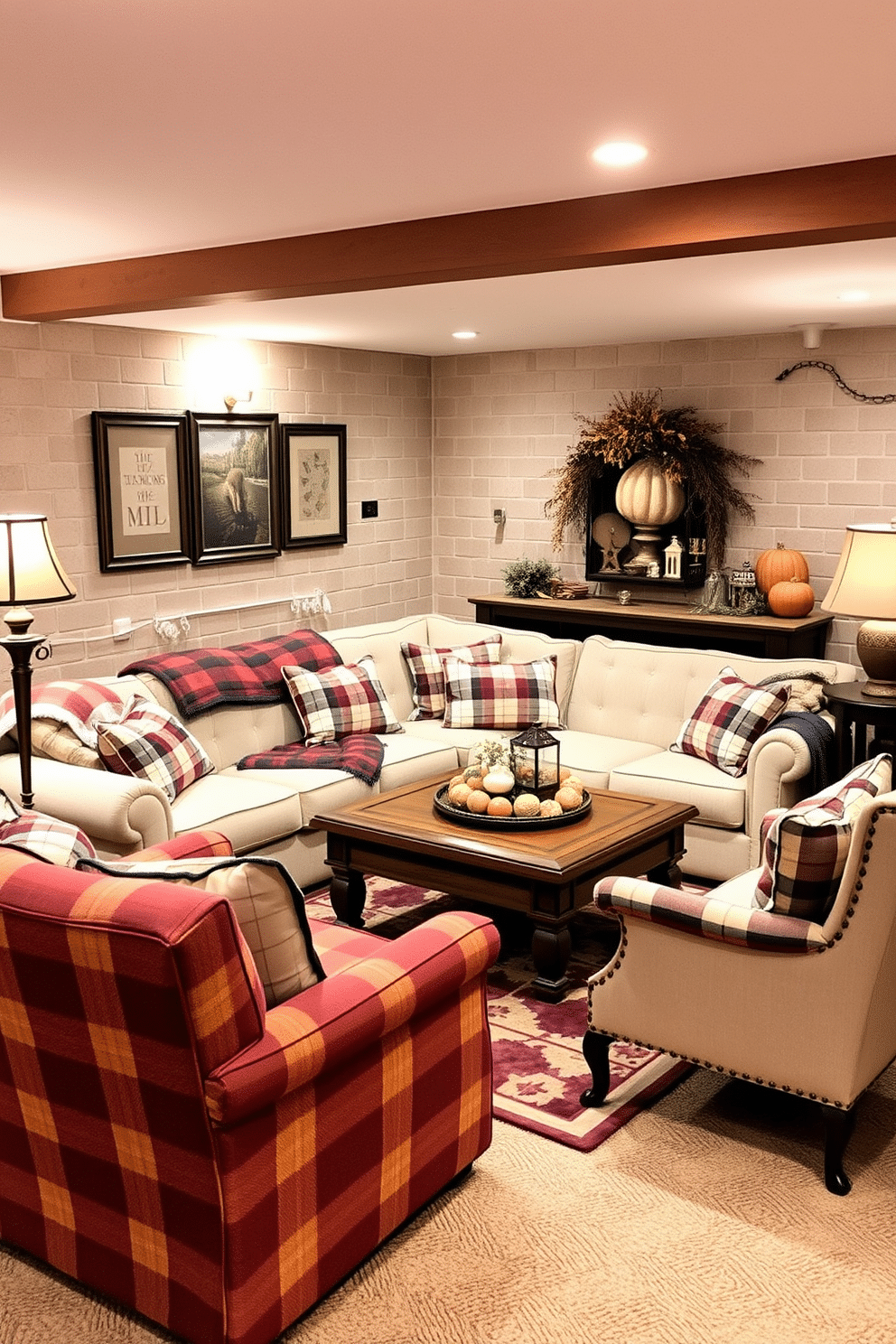 A cozy basement space designed for Thanksgiving gatherings. The seating area features a plush sectional sofa adorned with plaid cushions and throws, creating a warm and inviting atmosphere. In the corner, a rustic wooden coffee table is surrounded by comfortable chairs, all accented with plaid patterns. Soft lighting from vintage-style lamps casts a welcoming glow, enhancing the festive decor throughout the room.