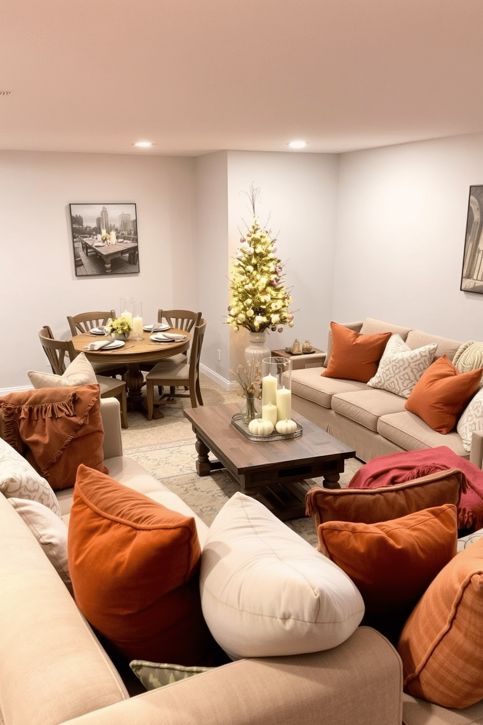 A cozy basement space designed for Thanksgiving gatherings. The area features a large, plush sectional sofa adorned with warm, autumn-colored throw pillows, and a rustic wooden coffee table at the center. On one side, a dining table is set for a festive meal, complete with a seasonal centerpiece of pumpkins and candles. A small indoor tree with golden lights and colorful ornaments adds a touch of warmth and cheer to the atmosphere.