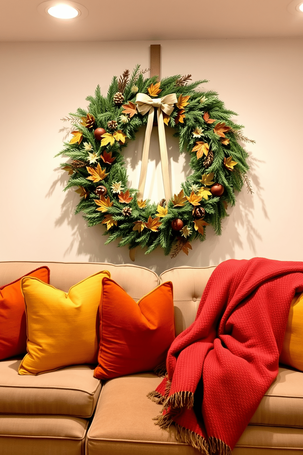 A festive wreath made of pine and autumn leaves adorns the basement door, welcoming guests with seasonal charm. Inside, the basement is decorated with warm-toned throw pillows and cozy blankets draped over a plush sofa, creating an inviting atmosphere for Thanksgiving gatherings.