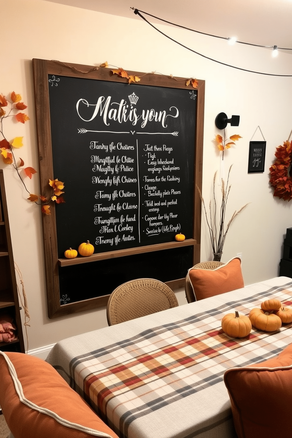 A rustic chalkboard is mounted on the wall, showcasing the menu in elegant white lettering. Surrounding the board are seasonal decorations, including autumn leaves and small pumpkins, creating a warm and inviting atmosphere. The basement is adorned with cozy elements for Thanksgiving, featuring a large harvest table set with a plaid tablecloth. Soft lighting from string lights above enhances the festive mood, while decorative pillows in warm hues are arranged on a comfortable seating area.