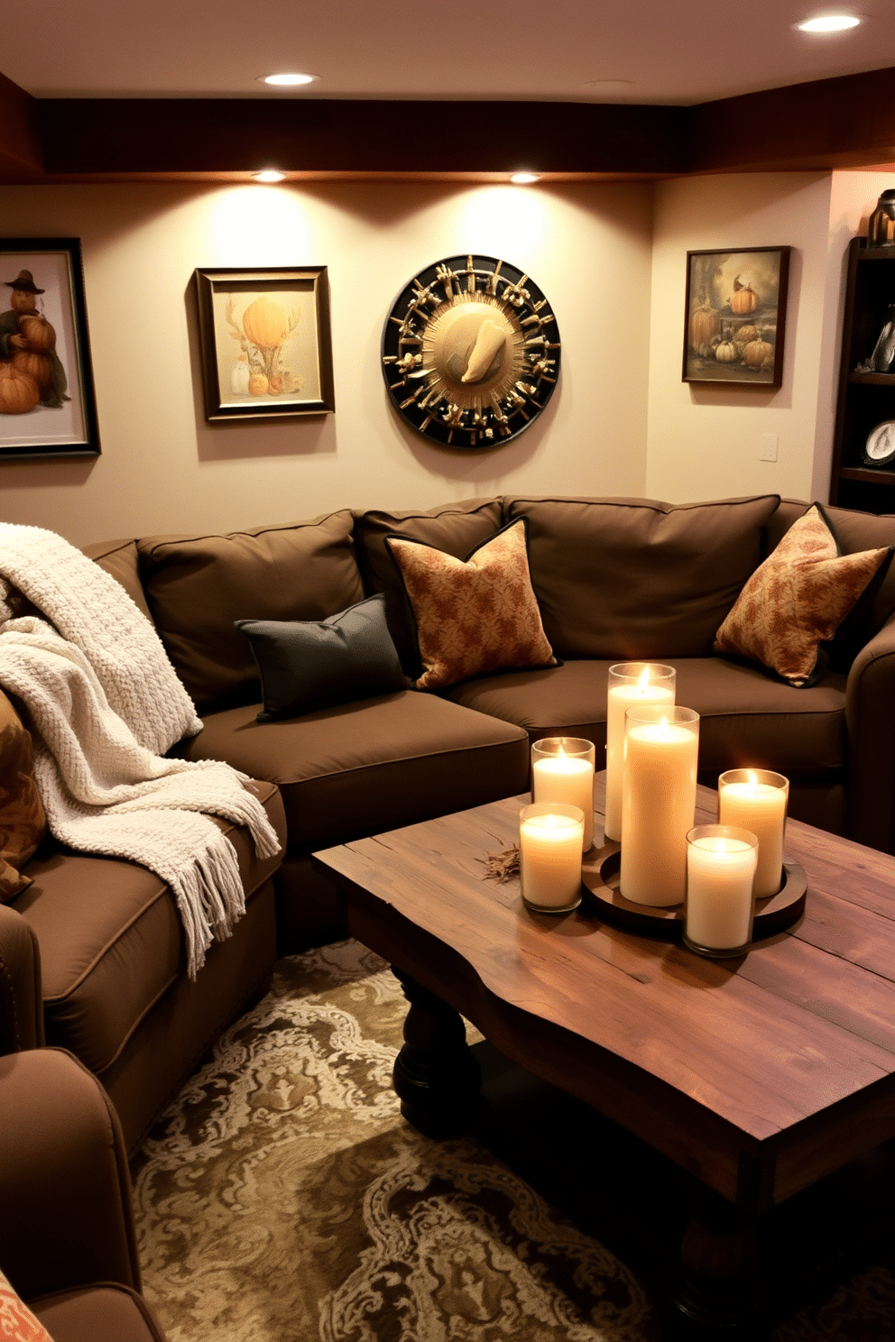 A warm and inviting basement space perfect for Thanksgiving gatherings. The room features a large sectional sofa adorned with plush throw pillows and a soft, textured blanket draped over one arm. Seasonal scented candles are strategically placed on a rustic wooden coffee table, filling the air with cozy aromas of cinnamon and pumpkin spice. The walls are decorated with autumn-themed artwork, and a rich, warm color palette enhances the festive atmosphere.