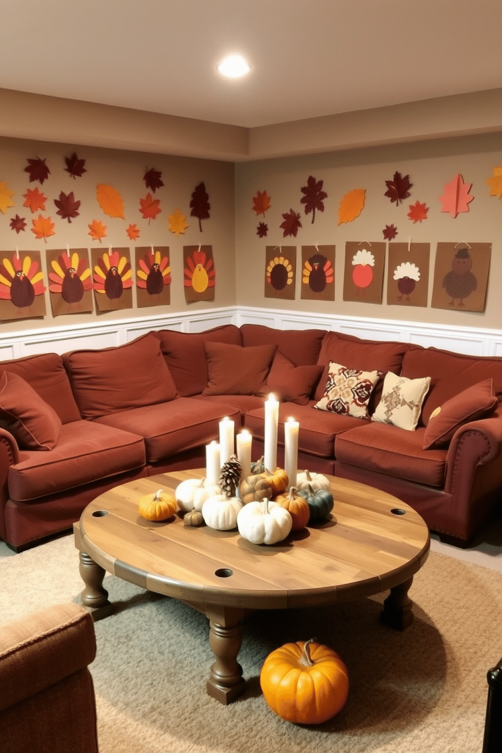 A cozy basement space designed for Thanksgiving gatherings. The walls are adorned with handmade crafts created by kids, featuring autumn-themed decorations like paper leaves and turkeys. The seating area includes a large sectional sofa with warm, earthy tones, surrounded by festive pillows. A wooden coffee table is decorated with a centerpiece of pumpkins and candles, creating a welcoming atmosphere.