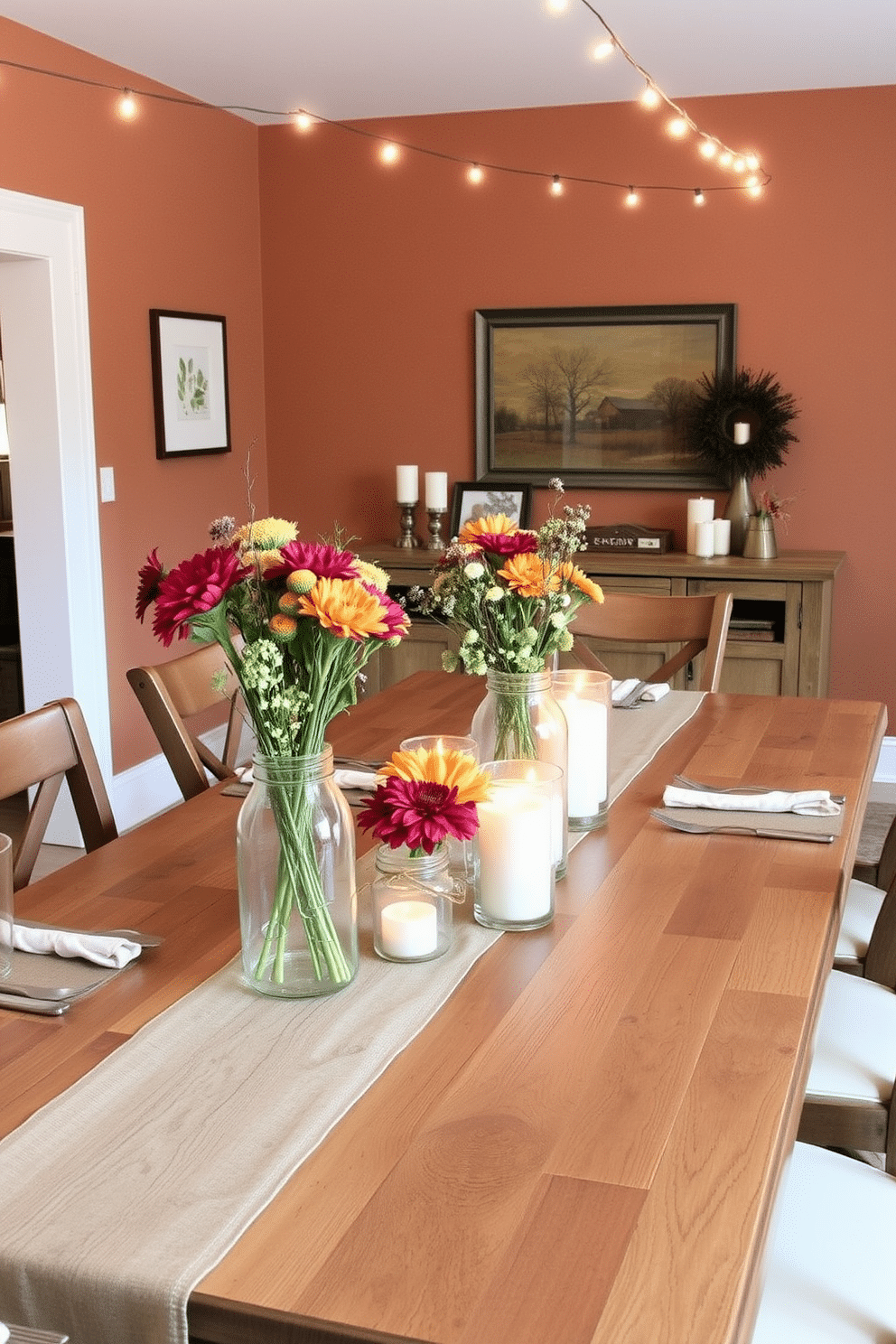 Create a cozy Thanksgiving basement setting featuring a rustic wooden table adorned with mason jars filled with seasonal flowers and candles. The walls are painted in warm earth tones, and soft string lights hang above, creating an inviting atmosphere for family gatherings.