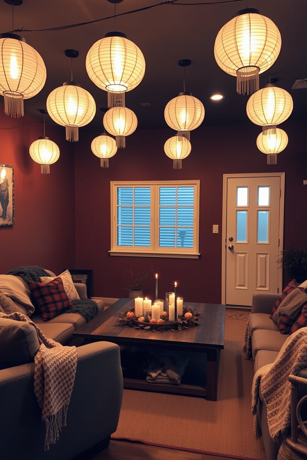 A cozy basement space adorned with hanging paper lanterns that emit a warm, soft glow. The walls are painted in a rich, earthy tone, and plush seating is arranged around a rustic wooden coffee table. To celebrate Thanksgiving, the decor features a harvest-themed centerpiece with seasonal fruits and candles. Warm blankets are draped over the seating, inviting guests to relax and enjoy the festive atmosphere.