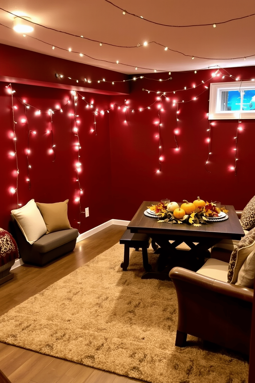 A cozy basement setting adorned with string lights creating a warm and festive glow. The walls are painted in a rich burgundy, and a plush area rug covers the floor, inviting guests to gather. In one corner, a rustic wooden table is set with a Thanksgiving-themed centerpiece featuring autumn leaves and pumpkins. Comfortable seating with soft cushions surrounds the table, enhancing the inviting atmosphere for holiday celebrations.