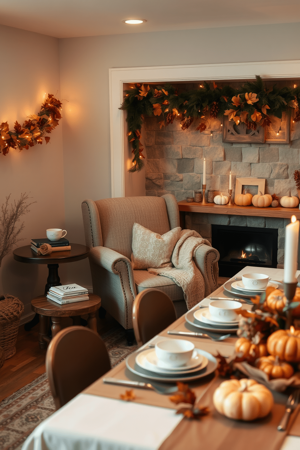 A cozy reading nook with a plush armchair upholstered in soft, textured fabric. A small wooden side table holds a steaming cup of tea and a stack of books, while a warm throw blanket drapes over the armchair. Thanksgiving basement decorating ideas featuring a large harvest-themed table set for a festive dinner. Soft, ambient lighting creates a warm atmosphere, complemented by autumnal decorations like pumpkins and garlands of leaves.