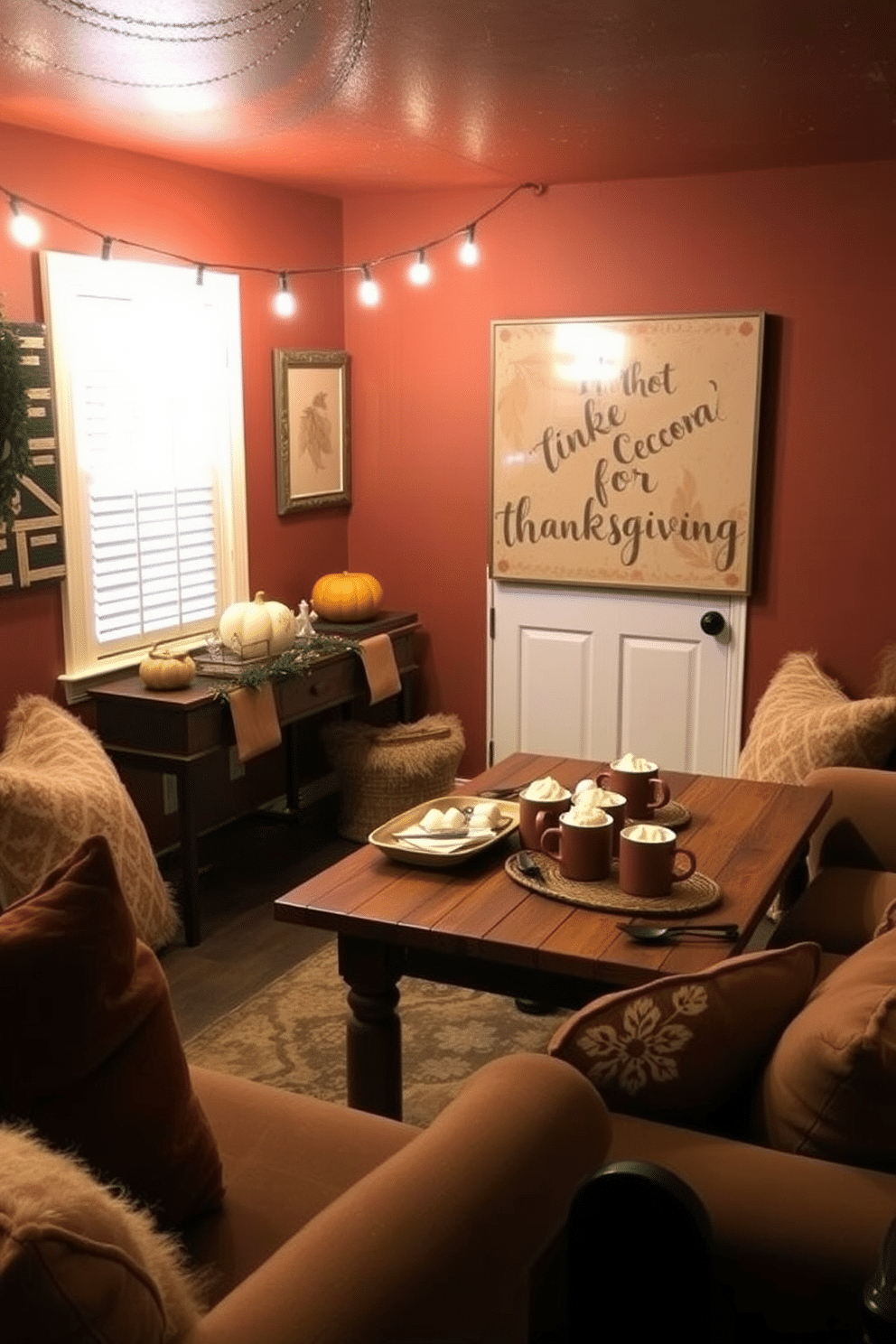 A cozy basement setting designed for Thanksgiving gatherings. The space features a warm color palette with rich browns and deep oranges, creating an inviting atmosphere. In one corner, a hot cocoa station is set up with a rustic wooden table adorned with mugs, marshmallows, and whipped cream. Soft lighting from string lights overhead adds a festive touch, while plush seating arrangements encourage guests to relax and enjoy the warmth.