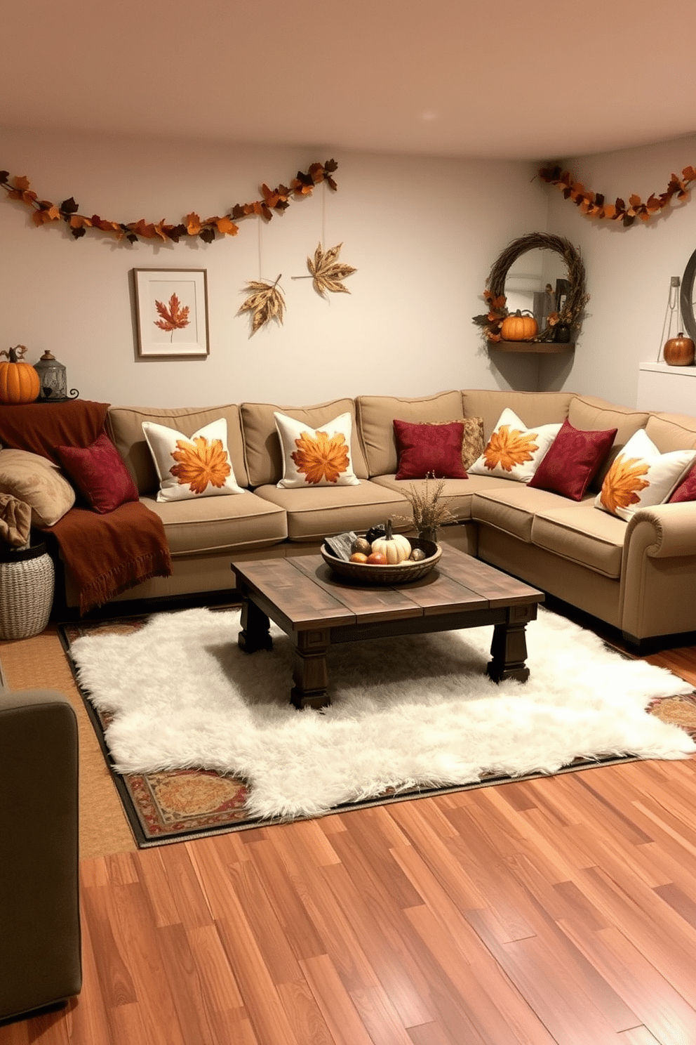 A cozy basement setting designed for Thanksgiving gatherings. The space features a plush sectional sofa adorned with throw pillows showcasing autumn designs in warm hues of orange, red, and gold. A rustic coffee table sits in the center, surrounded by soft area rugs that add warmth to the room. On the walls, seasonal decorations like garlands of leaves and pumpkins create a festive atmosphere.