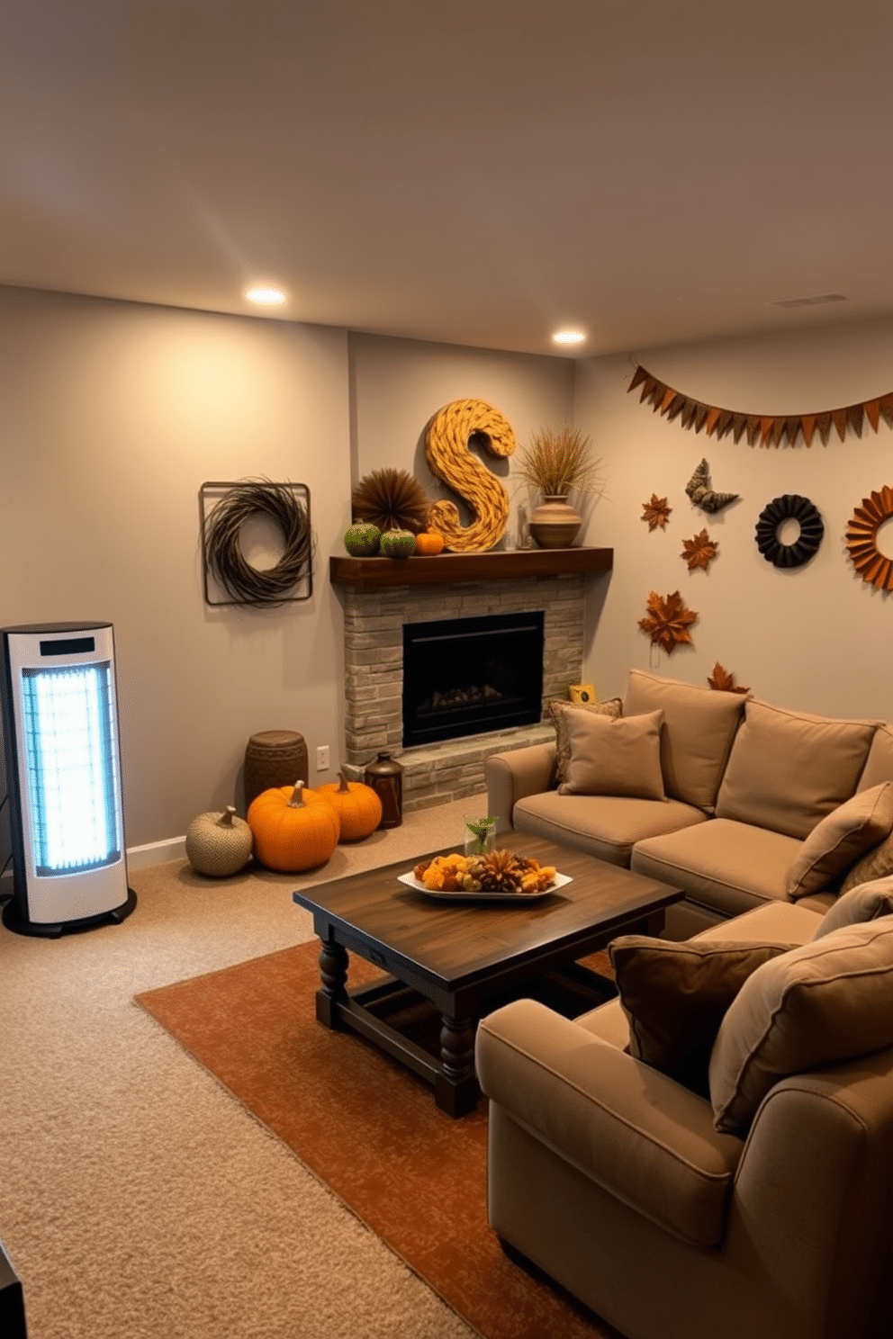 A cozy basement setting designed for Thanksgiving gatherings. A stylish electric heater is placed against one wall, providing warmth and ambiance, while a modern fireplace adds a touch of elegance to the space. The walls are adorned with autumn-themed decorations, featuring rich oranges and deep browns. A large, inviting sectional sofa is arranged around a rustic coffee table, creating a perfect spot for family and friends to gather.