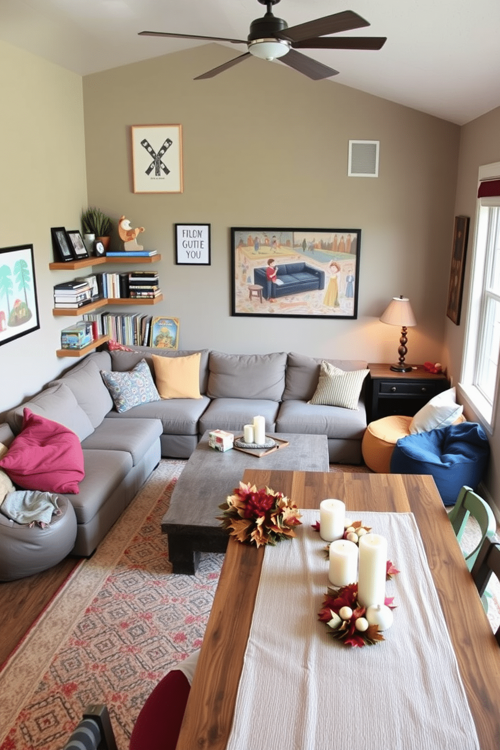 A cozy games corner designed for family fun. This space features a plush sectional sofa in a warm gray tone, surrounded by a collection of colorful bean bags for extra seating. The walls are adorned with playful artwork and shelves filled with board games and books. A low coffee table made of reclaimed wood sits at the center, inviting everyone to gather and enjoy their favorite games together. For Thanksgiving, the basement is transformed into a festive gathering area. A large farmhouse-style table is set with a rustic centerpiece of autumn leaves and candles, creating a warm and inviting atmosphere.