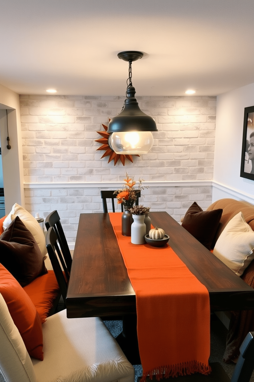 A cozy basement setting designed for Thanksgiving gatherings. The dining table is adorned with fabric table runners in rich fall colors like deep orange and burgundy, complemented by rustic wooden accents. Surrounding the table, comfortable seating features plush cushions in warm tones. Soft lighting from pendant lamps creates an inviting atmosphere, perfect for family celebrations.