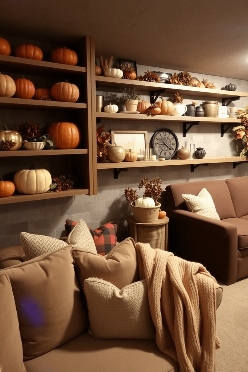 A cozy Thanksgiving-themed basement setting. Open shelving lines the walls, displaying an array of autumnal decor such as pumpkins, gourds, and seasonal foliage. The space features a comfortable seating area with plush cushions and a warm throw blanket. Soft lighting creates an inviting atmosphere, perfect for family gatherings during the holiday season.