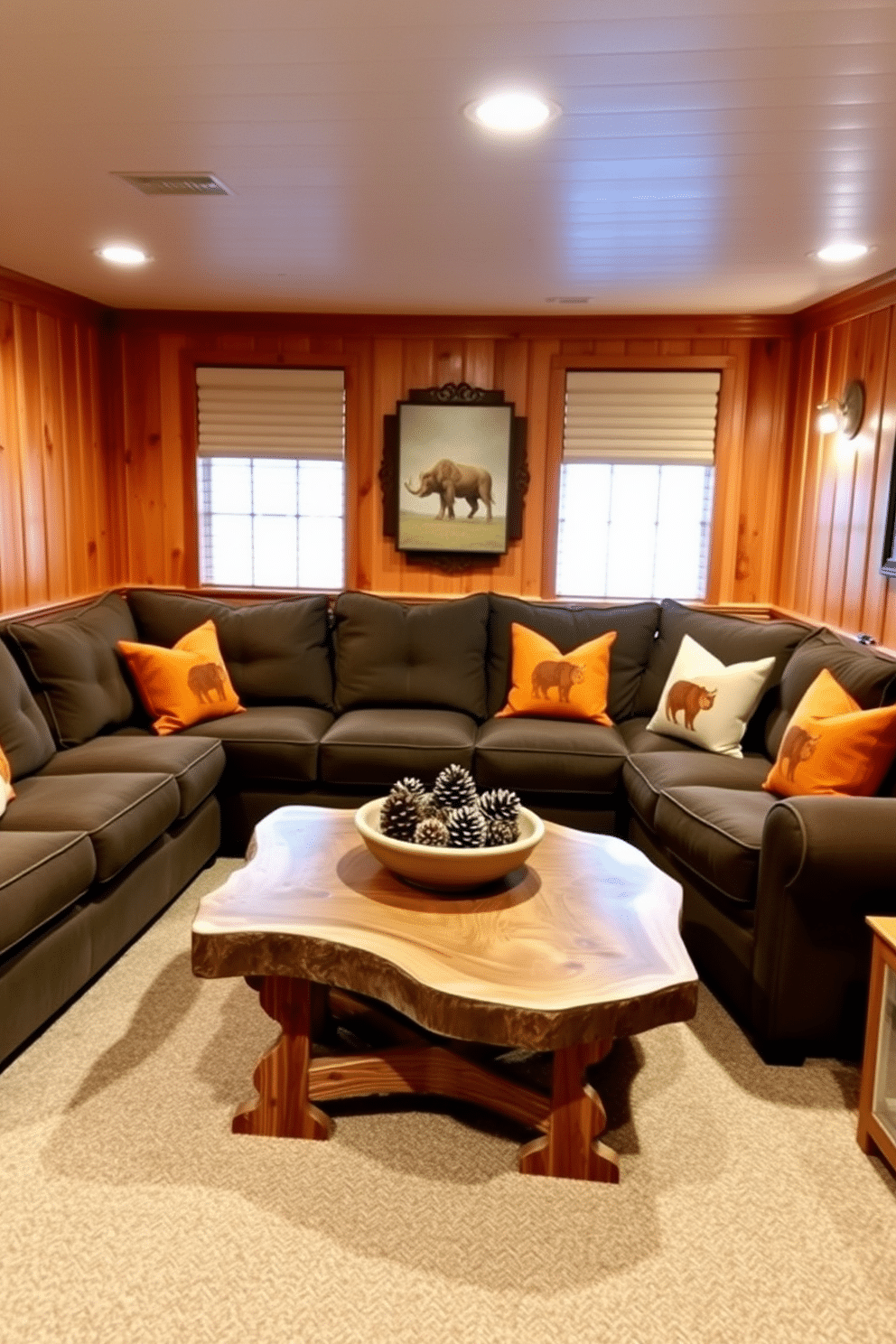 A cozy basement space designed for Thanksgiving gatherings. The walls are adorned with warm wood paneling, and a large sectional sofa is positioned around a rustic wooden coffee table. Natural elements are incorporated throughout, with pinecones arranged in a decorative bowl on the table. Soft, ambient lighting creates an inviting atmosphere, while autumn-themed throw pillows add seasonal charm.