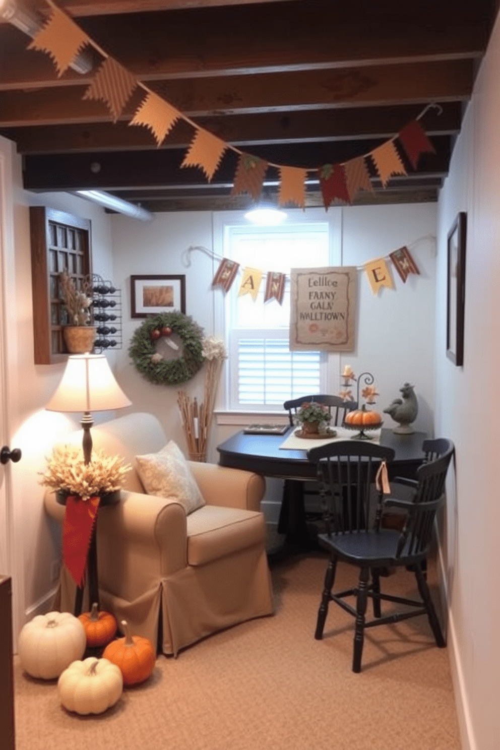 Create a cozy basement space decorated for Thanksgiving. Hang festive bunting and banners in warm autumn colors to enhance the seasonal atmosphere.