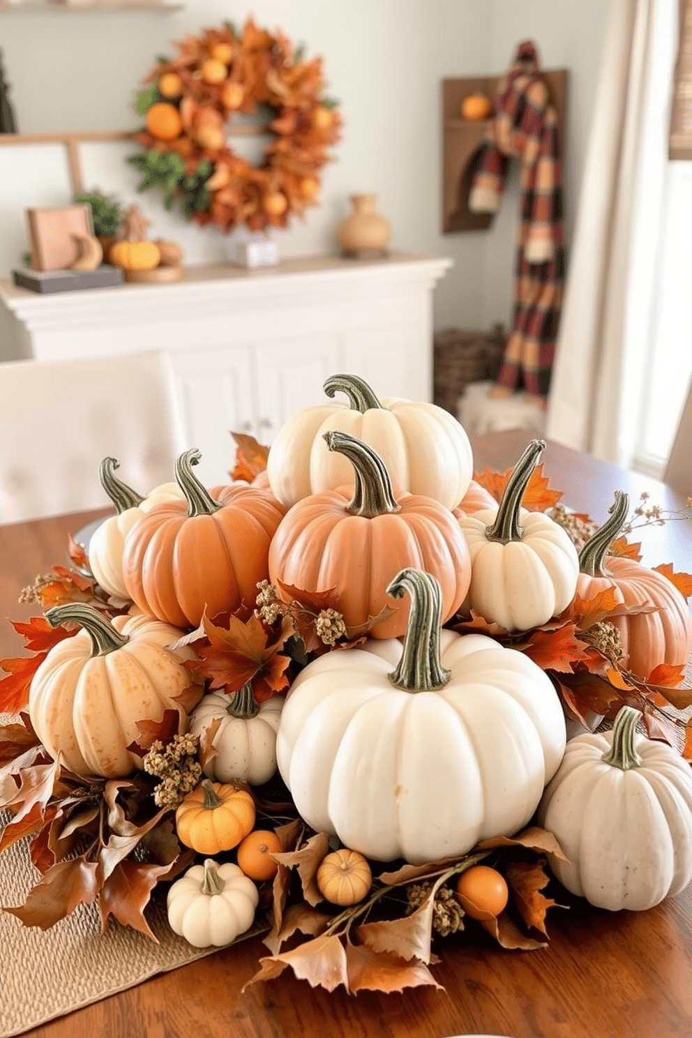 A harvest-themed table centerpiece featuring an assortment of pumpkins in various sizes and colors. Surrounding the pumpkins are autumn leaves and small gourds, creating a warm and inviting atmosphere. For Thanksgiving basement decorating ideas, envision a cozy space with soft lighting and rustic decor. Incorporate seasonal elements like plaid blankets, wooden accents, and a large table set for a festive meal.