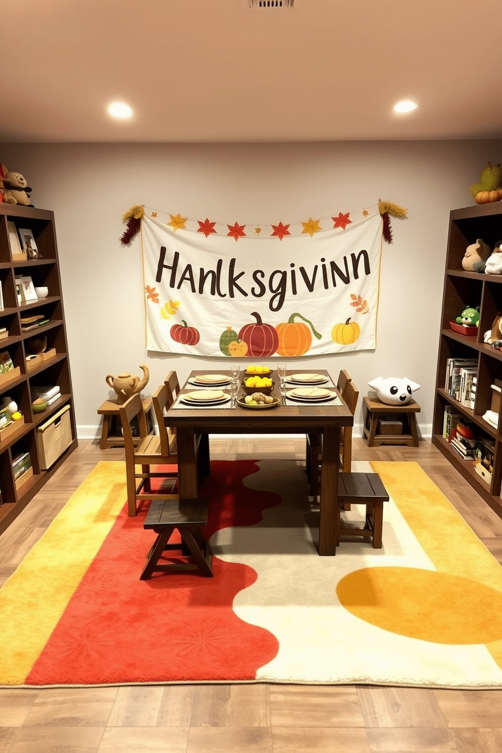 Create a cozy corner for kids activities. The space features a soft area rug in bright colors, surrounded by low shelves filled with books and toys. Thanksgiving basement decorating ideas. The room is adorned with warm autumn colors, including a large harvest-themed banner and a rustic wooden table set for a festive meal.