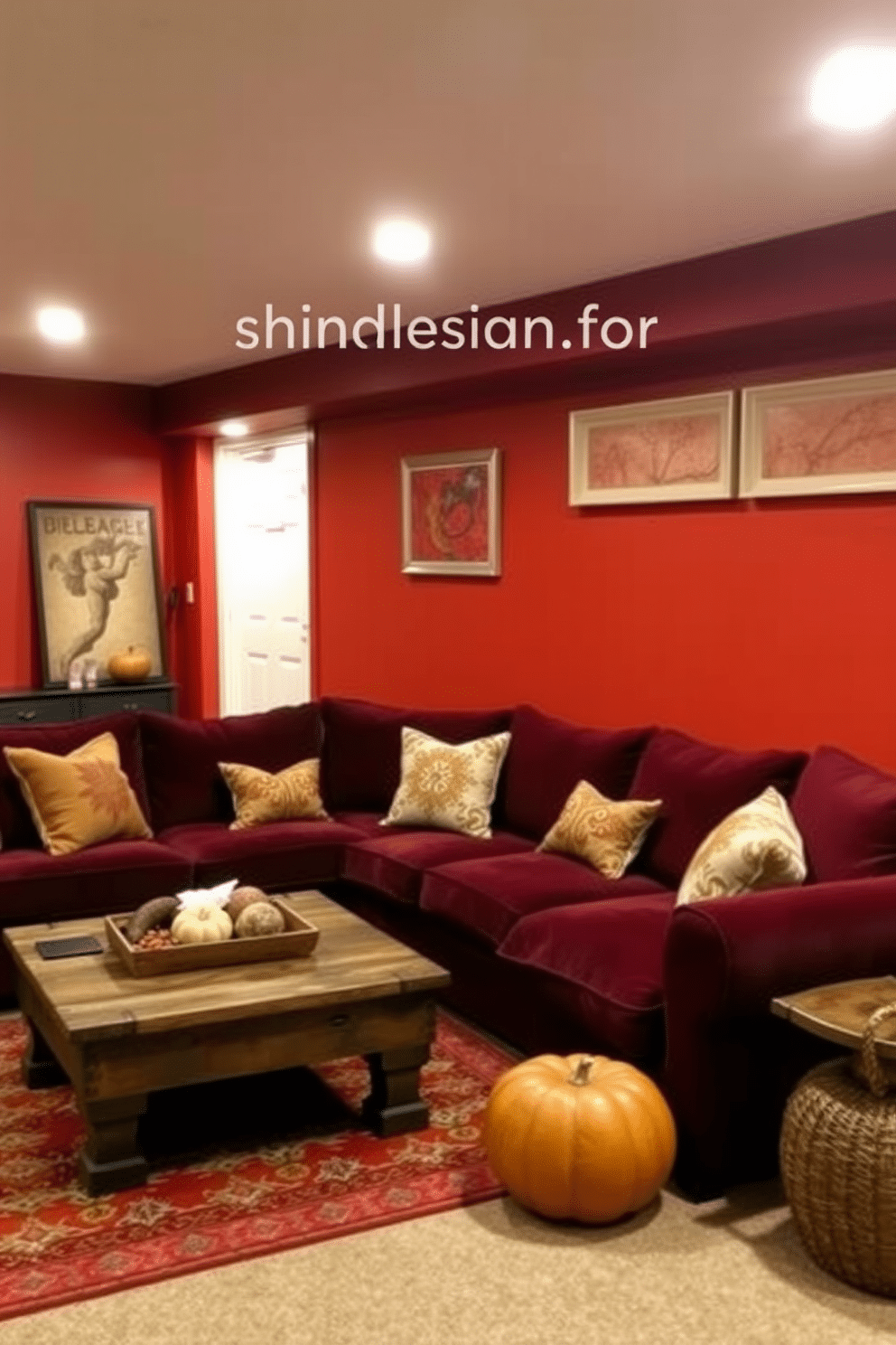 A cozy basement space designed for Thanksgiving gatherings. The walls are adorned with warm shades of red and orange, creating an inviting atmosphere. A plush sectional sofa in deep burgundy is arranged around a rustic wooden coffee table. Soft throw pillows in various autumn hues add comfort and style to the seating area.