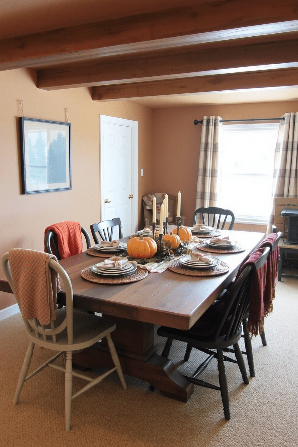 A rustic wooden table is the centerpiece of a cozy basement designed for family gatherings. Surrounding the table are mismatched chairs that add charm, and the walls are adorned with warm, earthy tones to create an inviting atmosphere. For Thanksgiving, the basement is decorated with autumn-themed accents. Plush throw blankets in rich colors are draped over the chairs, and a centerpiece of pumpkins and candles adds a festive touch to the table.