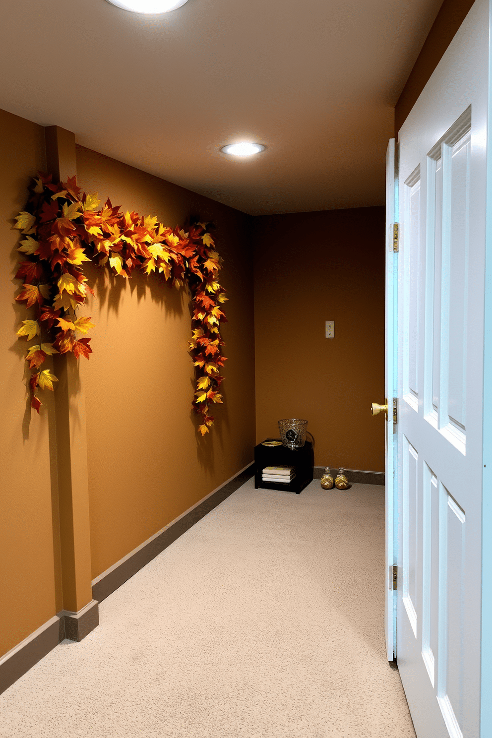 A cozy basement setting adorned with decorative garlands featuring vibrant autumn leaves. The walls are painted in warm earth tones, and the space is illuminated by soft, ambient lighting to create an inviting atmosphere.