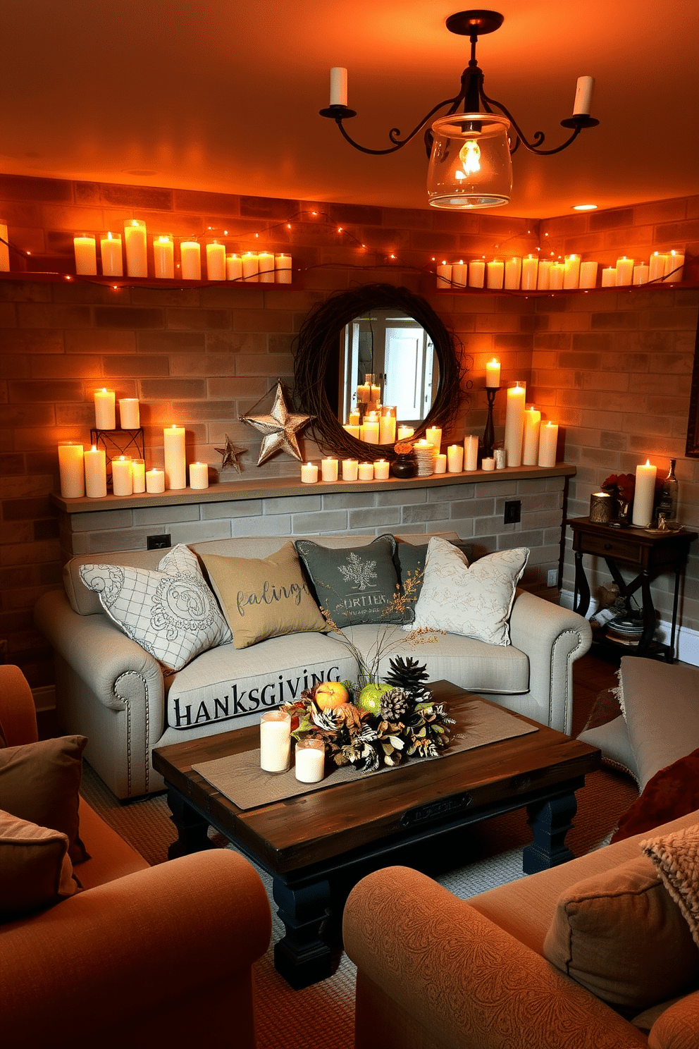 A cozy basement setting adorned with candles of varying heights to create a warm ambiance. The flickering candlelight casts soft shadows on the walls, enhancing the inviting atmosphere. For Thanksgiving, the space features a harvest-themed decor with rich autumn colors. Plush seating is arranged around a rustic wooden coffee table, decorated with seasonal centerpieces and festive accents.