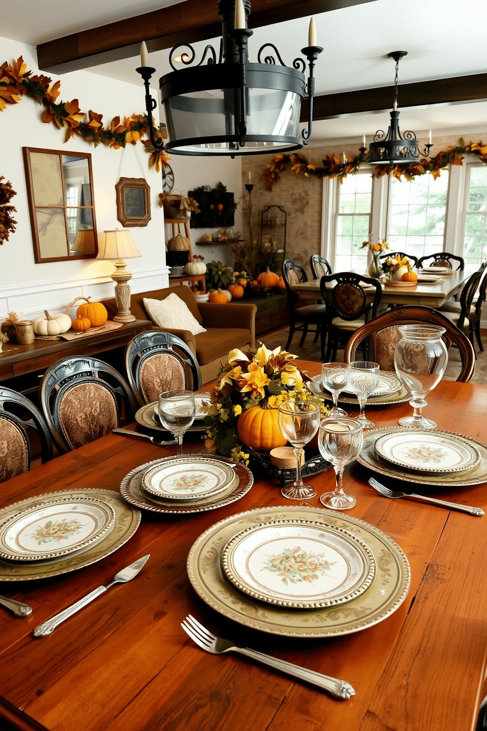 A collection of vintage tableware elegantly arranged on a rustic wooden dining table. The table features ornate plates, delicate glassware, and polished silverware, creating a charming and inviting atmosphere. Cozy Thanksgiving decorations fill the basement space, with warm lighting and autumn-themed accents. Plush seating is surrounded by pumpkins, garlands of leaves, and a beautifully set dining area for family gatherings.