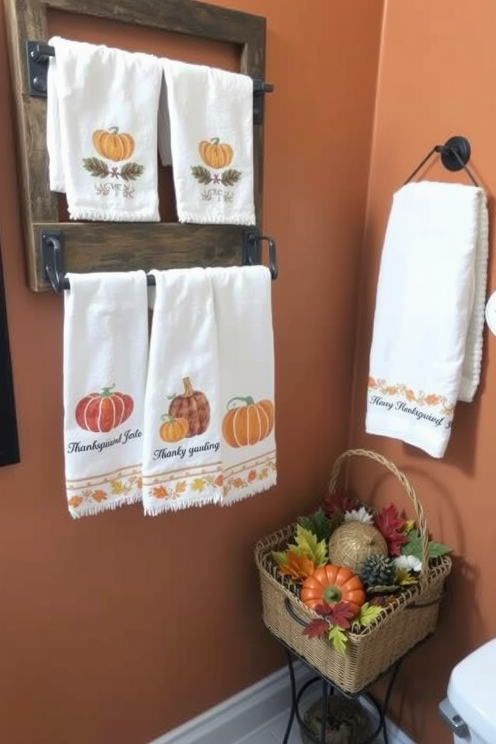 A cozy bathroom adorned with Thanksgiving themed hand towels. The towels feature autumnal colors and patterns, such as pumpkins and falling leaves, adding a festive touch to the space. A wooden towel rack displays the hand towels neatly, complemented by a rustic basket filled with seasonal decor. The walls are painted in warm earth tones, enhancing the inviting atmosphere of the room.