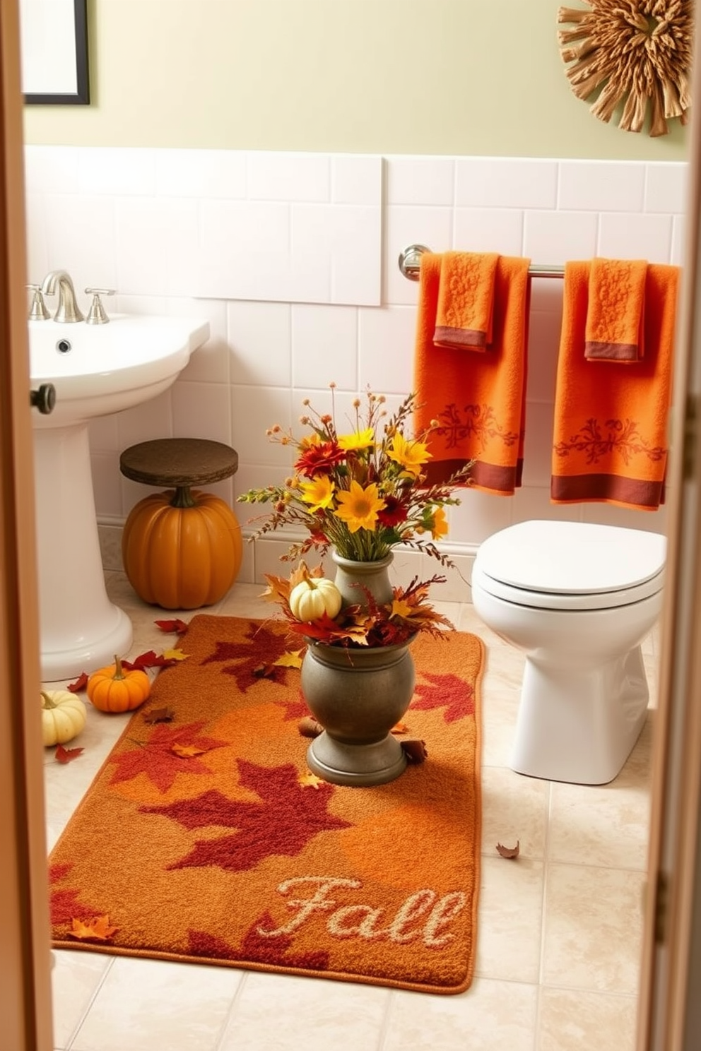 A seasonal bathroom rug in rich fall colors adds warmth and coziness to the space. Surrounding the rug, decorative elements like small pumpkins and autumn leaves enhance the Thanksgiving theme. Incorporate soft towels in shades of orange and brown to complement the rug. A centerpiece of seasonal flowers in a rustic vase completes the inviting atmosphere for your Thanksgiving bathroom decor.