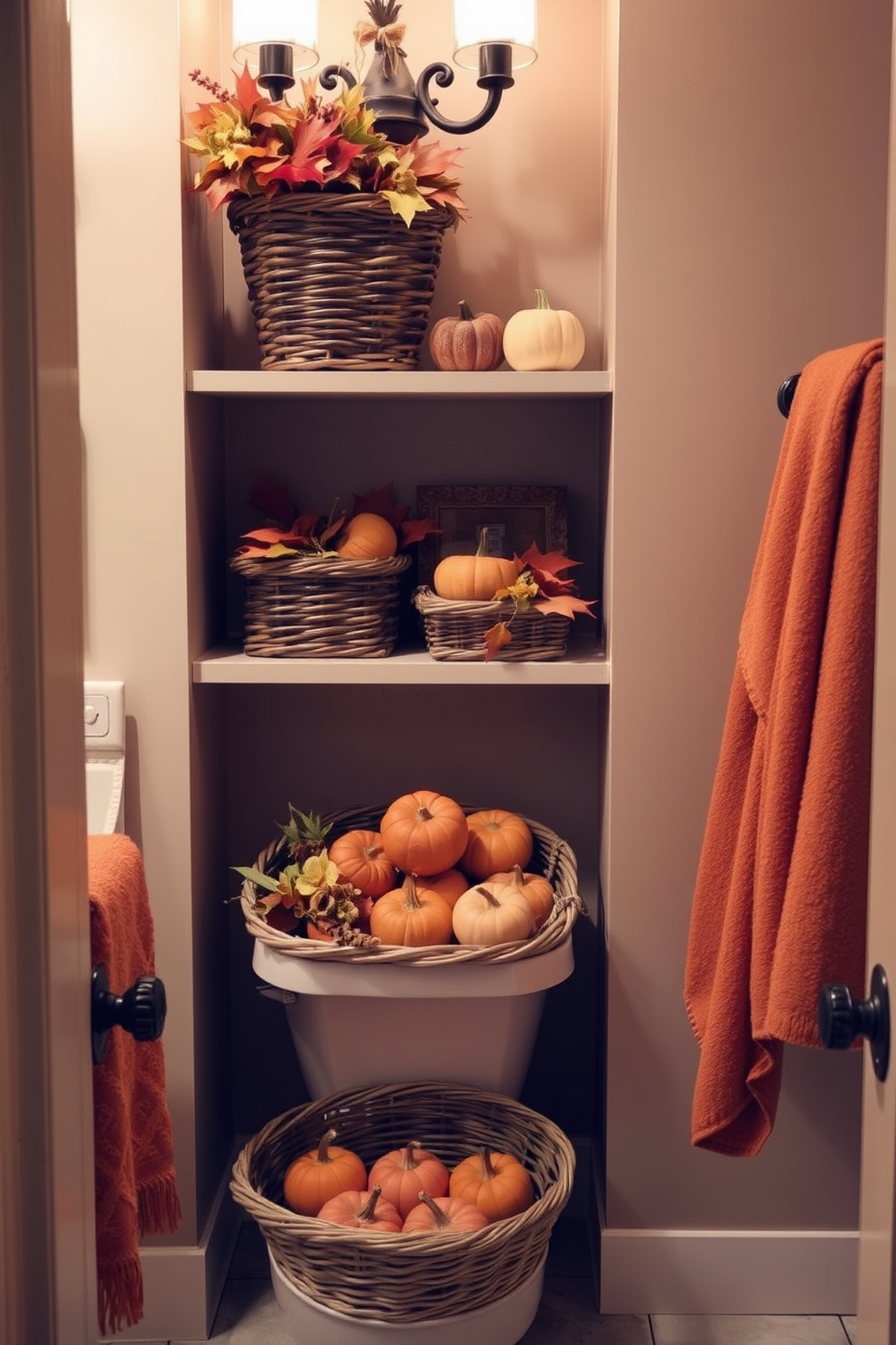 Decorative baskets filled with seasonal items create a warm and inviting atmosphere in the bathroom. These baskets can be placed on shelves or the floor, showcasing autumn-themed decor like small pumpkins and colorful leaves. Incorporate rich, earthy tones into the bathroom to complement the seasonal items. Soft towels in shades of orange and brown can enhance the Thanksgiving theme while providing comfort and style.