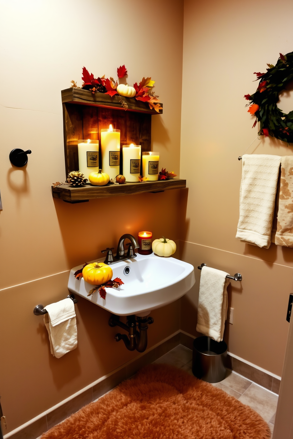 A cozy bathroom adorned with scented candles in warm autumn fragrances. The candles are arranged on a rustic wooden shelf, surrounded by small pumpkins and autumn leaves for a festive touch. The walls are painted in a soft beige that complements the warm tones of the decor. A plush, earth-toned bath mat lies in front of the sink, inviting relaxation and comfort during the holiday season.