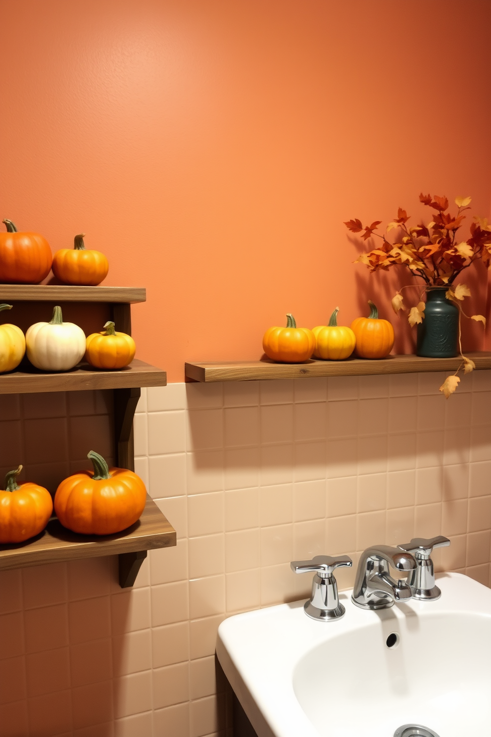 A cozy Thanksgiving bathroom setting featuring miniature pumpkins scattered on wooden shelves. The walls are painted in warm autumn hues, and soft lighting creates an inviting atmosphere.