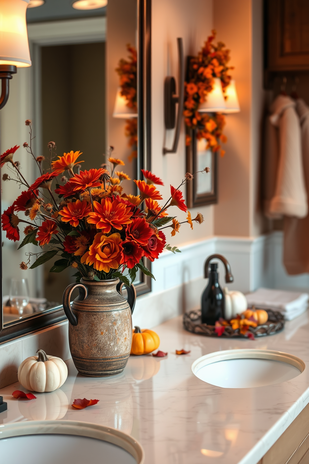 A cozy Thanksgiving bathroom setting featuring floral arrangements with autumn blooms. The space is adorned with vibrant orange and deep red flowers, elegantly arranged in a rustic ceramic vase on the countertop. Soft, warm lighting enhances the ambiance, reflecting off the polished surfaces. Decorative elements like small pumpkins and autumn leaves complement the seasonal theme, creating a festive atmosphere.