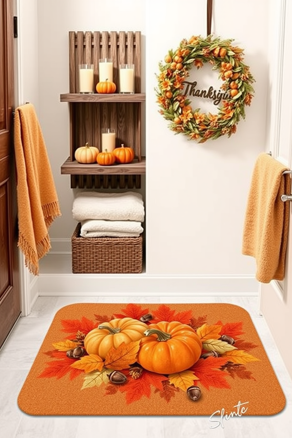 A Thanksgiving themed bath mat design featuring warm autumn colors such as orange, yellow, and brown. The mat showcases a beautiful arrangement of pumpkins, fall leaves, and acorns, creating a cozy and festive atmosphere. Thanksgiving bathroom decorating ideas that include a rustic wooden shelf adorned with small pumpkins and candles. Soft towels in earthy tones are neatly arranged, and a seasonal wreath hangs on the door to enhance the holiday spirit.