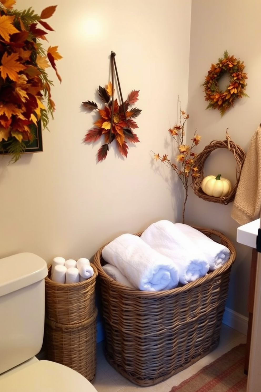 A cozy bathroom setting featuring woven baskets filled with extra towels neatly arranged in a corner. The walls are adorned with autumn-themed decorations, incorporating warm colors and seasonal accents for a festive Thanksgiving touch.