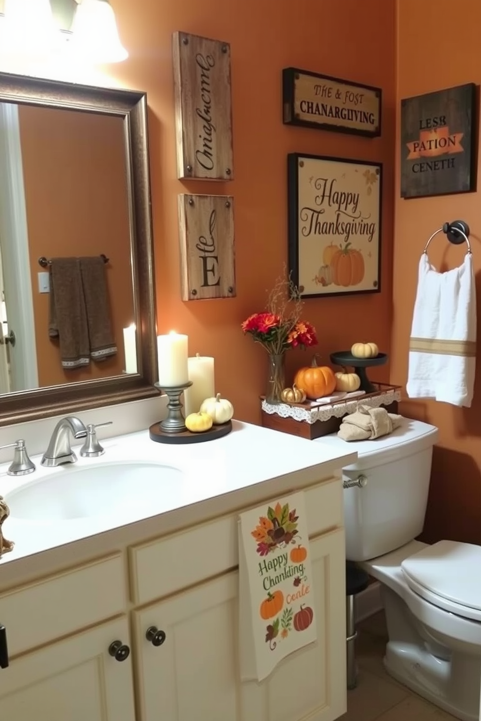 A cozy Thanksgiving bathroom setting. Personalized signs featuring autumn-themed designs hang on the walls, complementing the warm color palette. The countertop is adorned with seasonal decorations, including small pumpkins and candles. A festive hand towel with Thanksgiving motifs is neatly displayed, adding a touch of holiday cheer.