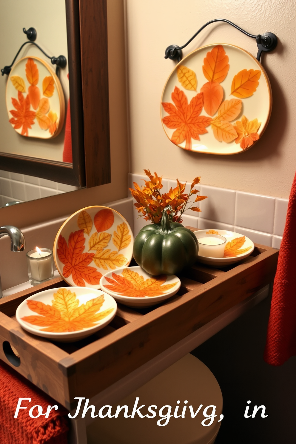 A cozy bathroom setting adorned with fall themed decorative soap dishes. The dishes feature warm colors like orange and gold, showcasing intricate leaf designs that evoke the spirit of autumn. On the countertop, a rustic wooden tray holds the soap dishes alongside a small pumpkin and a scented candle. The bathroom is accented with rich, earthy tones, creating a welcoming atmosphere for Thanksgiving.