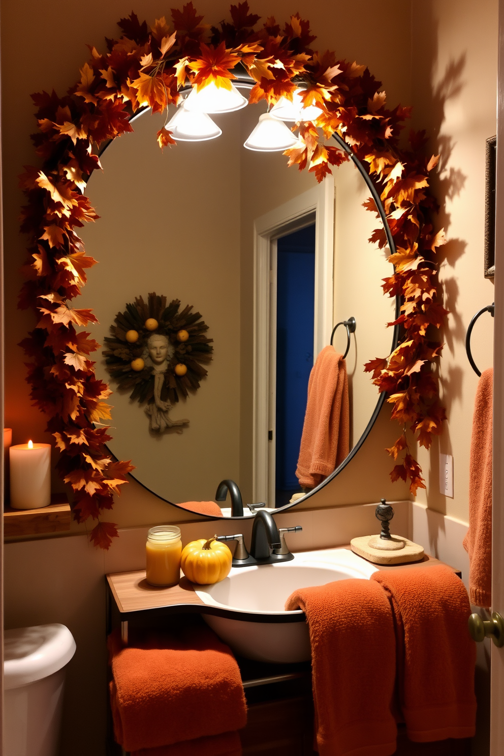 A cozy bathroom adorned with autumn leaves garland elegantly draped around a large, round mirror. The space features warm tones with rich browns and deep oranges, complemented by soft lighting that creates an inviting atmosphere. Decorative elements include a rustic wooden shelf displaying seasonal candles and small pumpkins. Plush towels in earthy colors are neatly arranged, enhancing the festive Thanksgiving spirit.