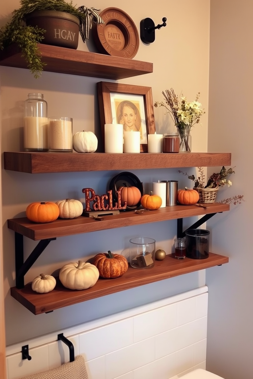 A cozy bathroom featuring rustic wooden shelves adorned with seasonal decor. The shelves are filled with autumn-themed decorations, including small pumpkins, candles, and dried flowers, creating a warm and inviting atmosphere.